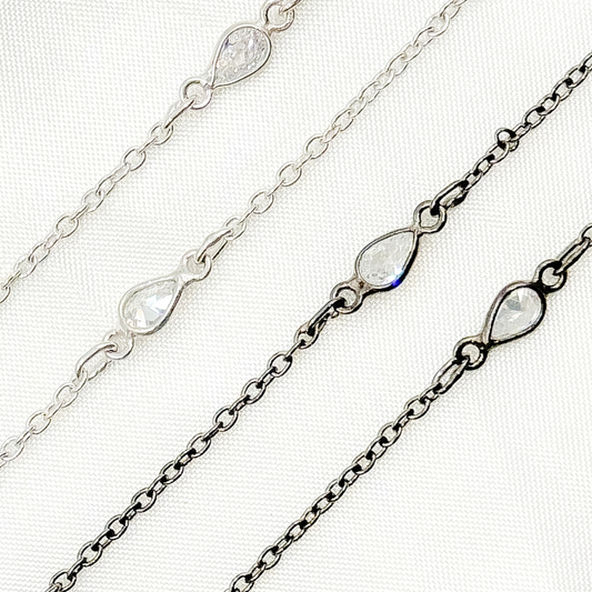 Silver Pear Shape Cubic Zirconia Connector With Chain