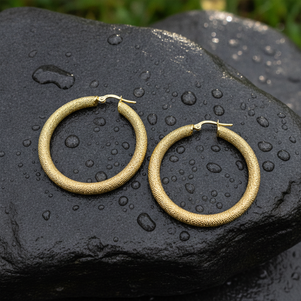 GER52. 14K Solid Gold Textured Hollow Hoop Earrings – Classic Round Hoops
