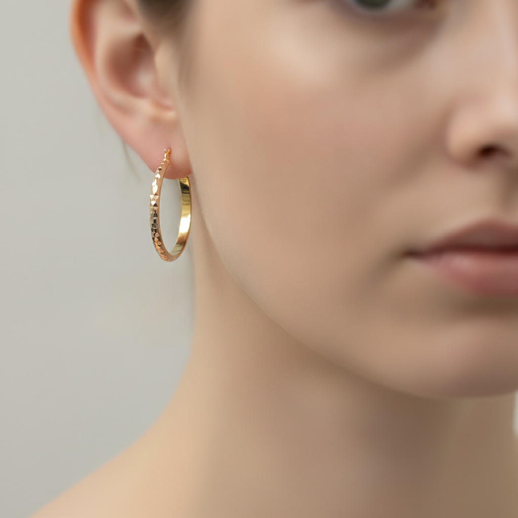 GER75. 14K Gold Diamond Cut Tri-Color Hollow Hoop Earrings
