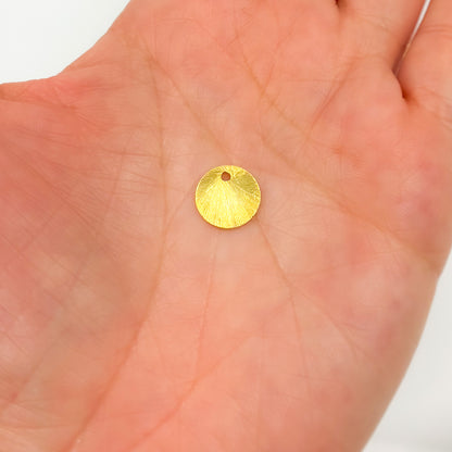 12MM Gold-plated sterling silver brushed round flat disc charm with a single hole