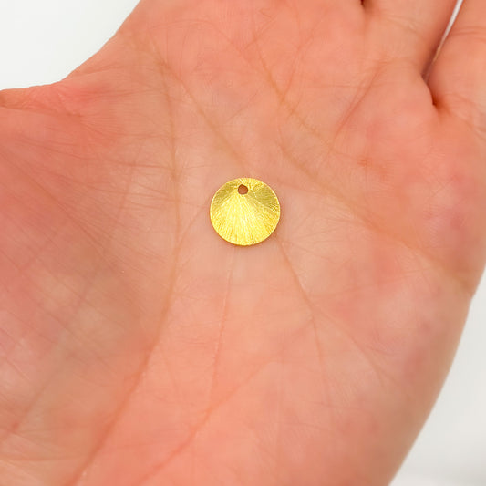 12MM Gold-plated sterling silver brushed round flat disc charm with a single hole