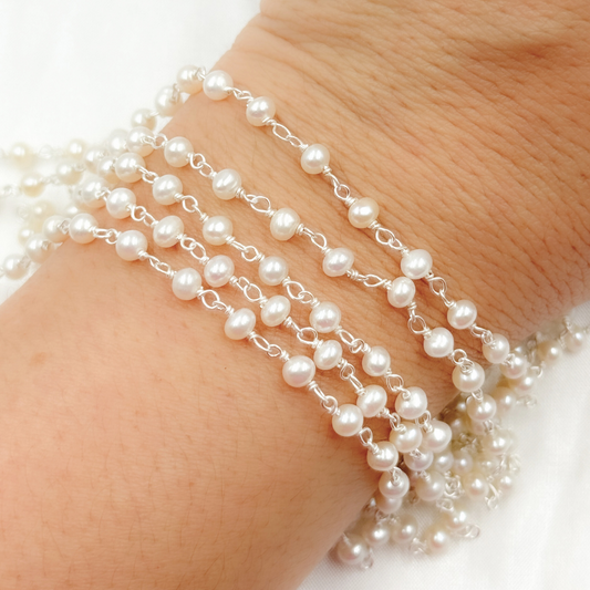 Freshwater Pearl Round Shape 925 Sterling Silver Wire Chain