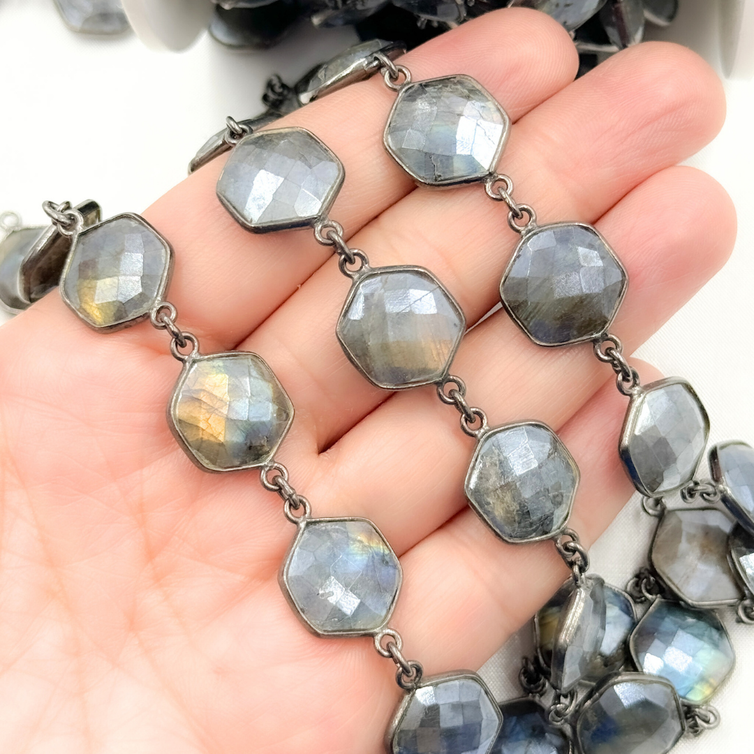 Coated Labradorite Hexagon Shape Bezel Oxidized Wire Chain. CLB8