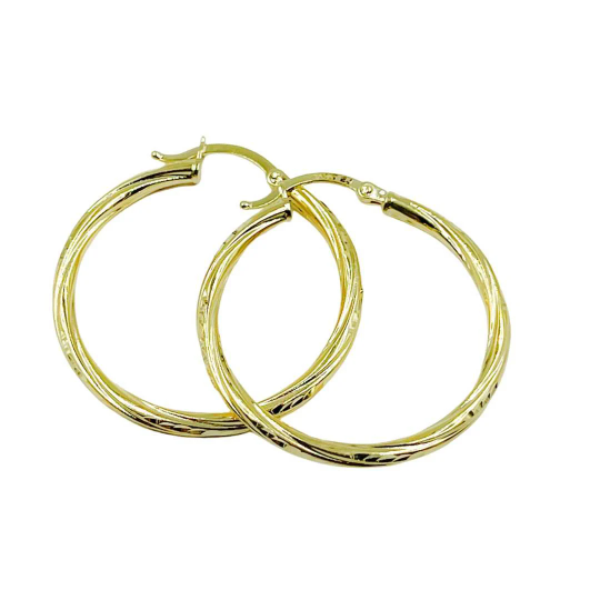 GER60. 14K Solid Gold Engraved Tornado Hollow Hoop Earrings