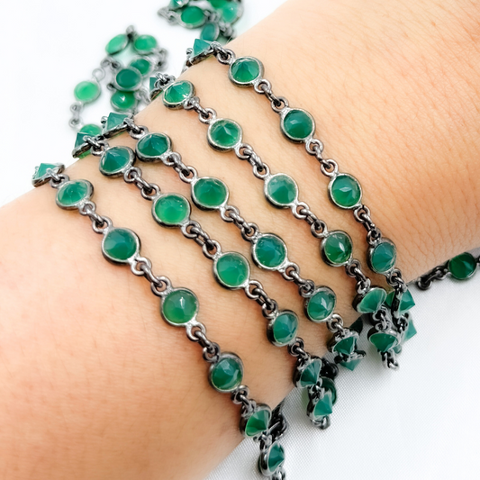 Green Onyx Round Shape Bezel Oxidized Wire Chain
