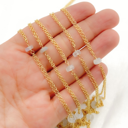 White Moonstone Rondel Shape Gold Plated Wire Chain.
