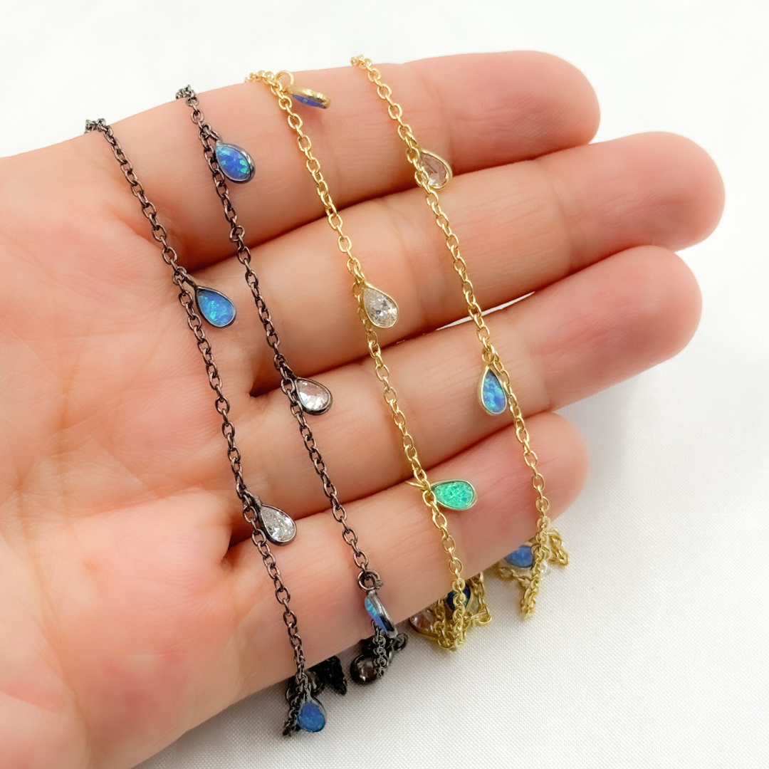 Created Blue Opal & CZ Tear Drop Shape Dangle Chain.