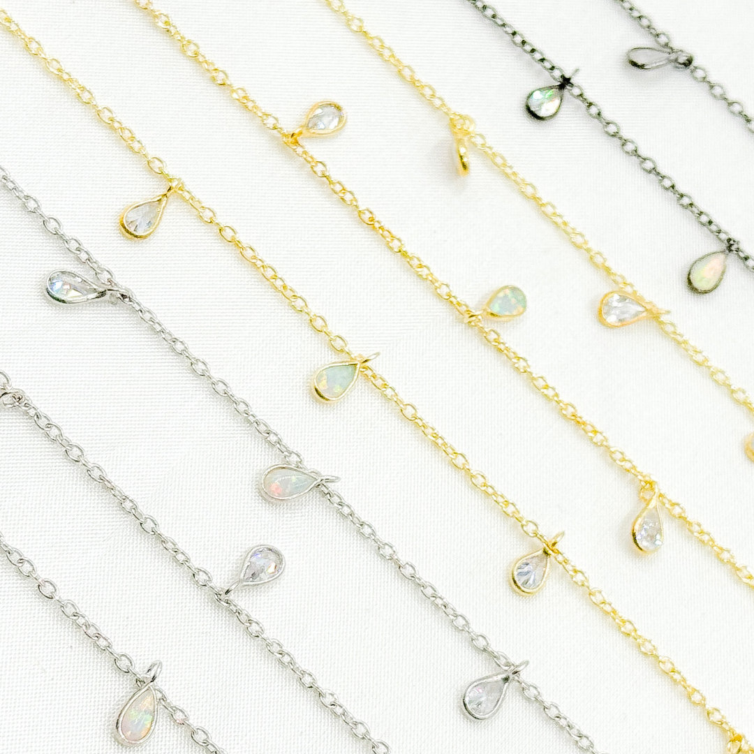 Created White Opal + CZ Pear Shape Dangle Chain