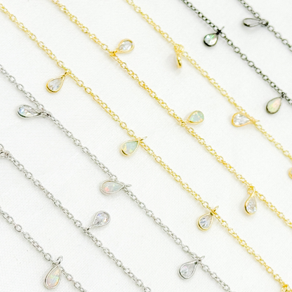 Created White Opal + CZ Pear Shape Dangle Chain