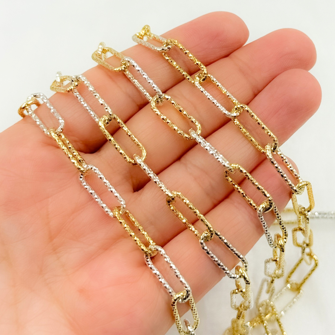 V10GS. Sterling Silver Paperclip Diamond Cut Gold Plated & Silver Link Chain