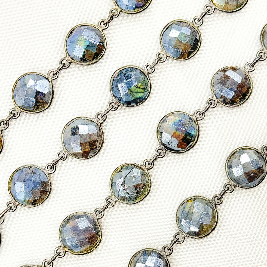 Coated Labradorite Round Shape Bezel Oxidized Wire Chain. CLB7