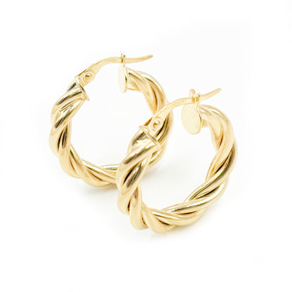 15850004969. 14K Solid Gold Fancy Twisted Hollow Hoop Earrings