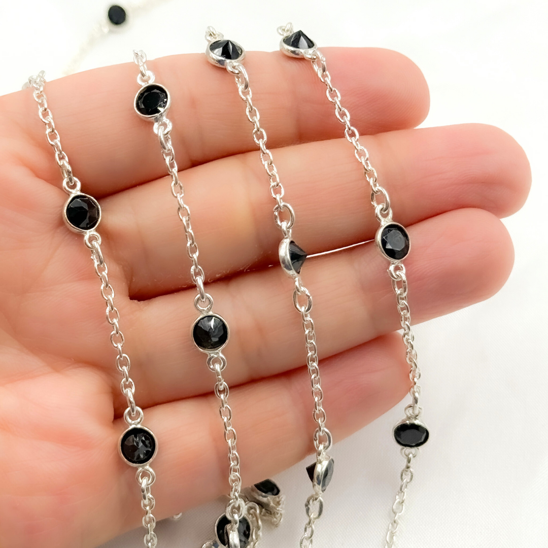 Black Spinel Round Shape Bezel 925 Sterling Silver Connected Wire Chain. BSP13