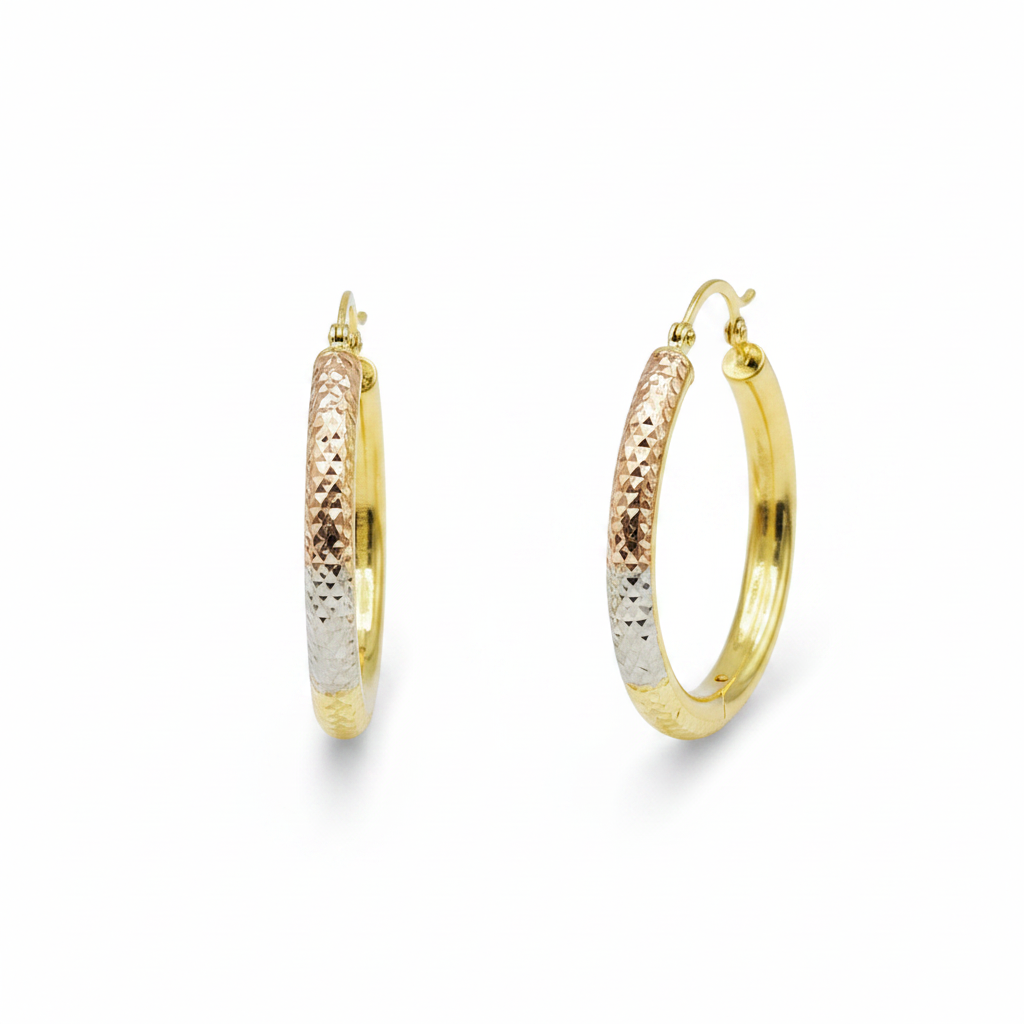 GER56. 14K Solid Tri-Color Gold Round Hollow Hoop Earrings – Classic Hoops