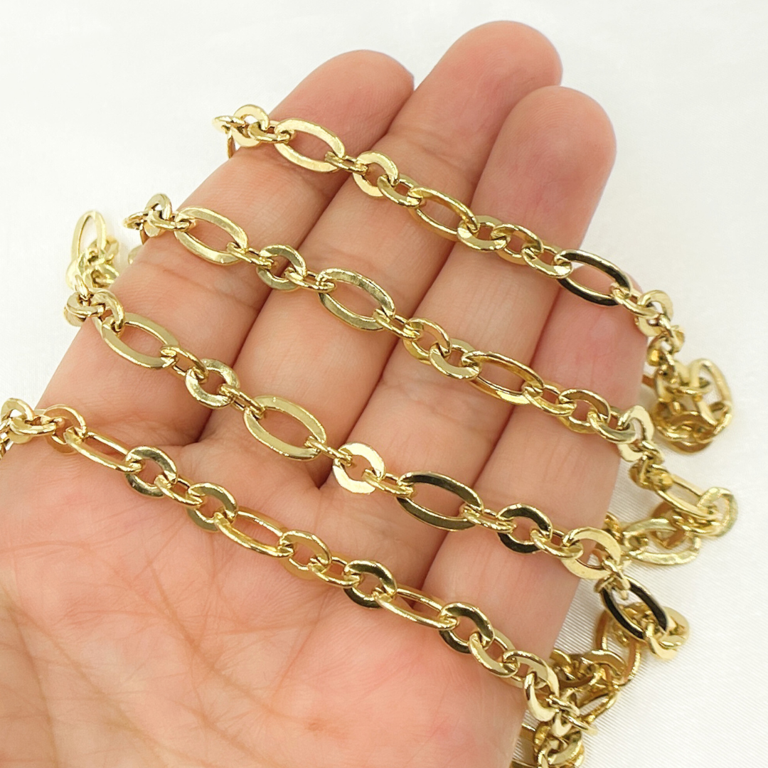 V61GP. Gold Plated 925 Sterling Silver Short & Long Flat Oval Link Chain