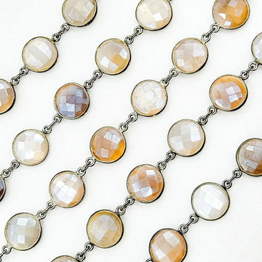 Coated Brown Moonstone Round Shape Bezel Oxidized Wire Chain.