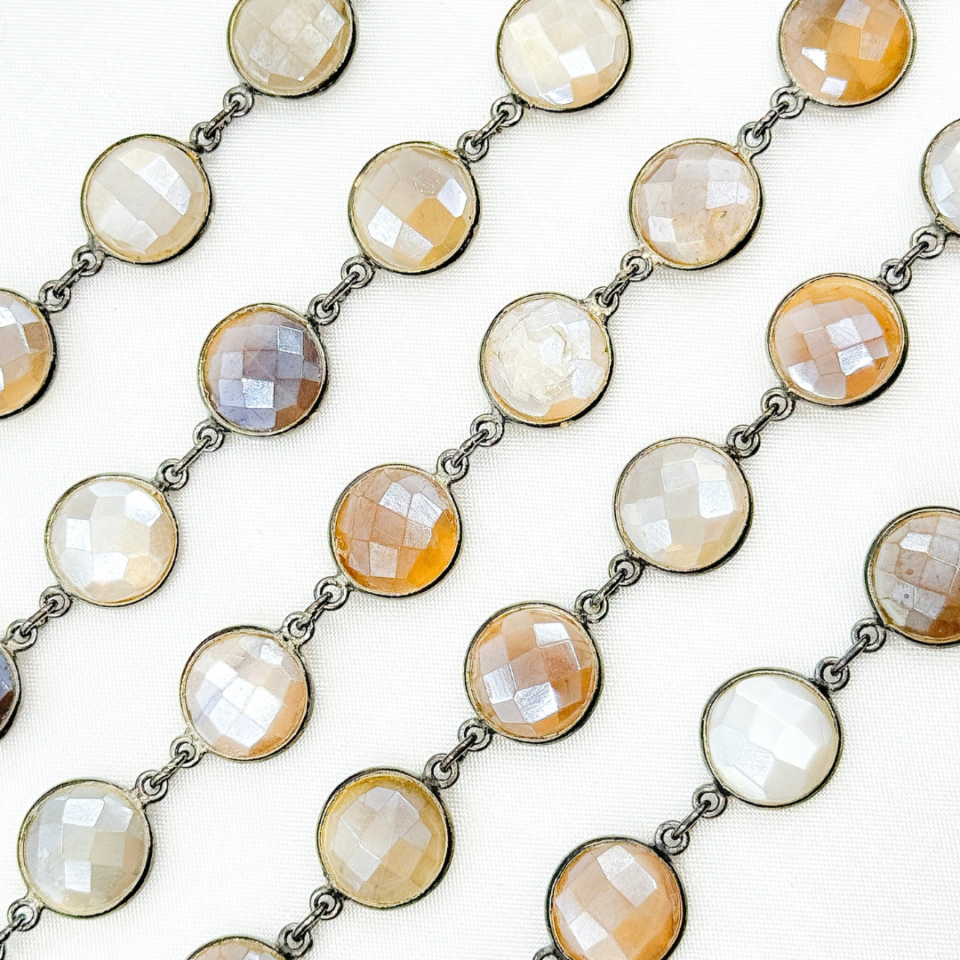 Coated Brown Moonstone Round Shape Bezel Oxidized Wire Chain. CMS8