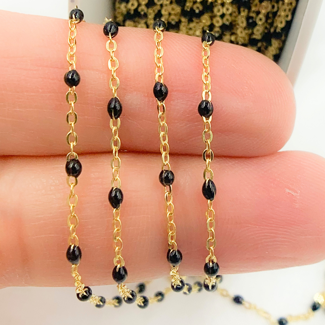 14K Solid Yellow Gold Enamel Black Color Cable Chain