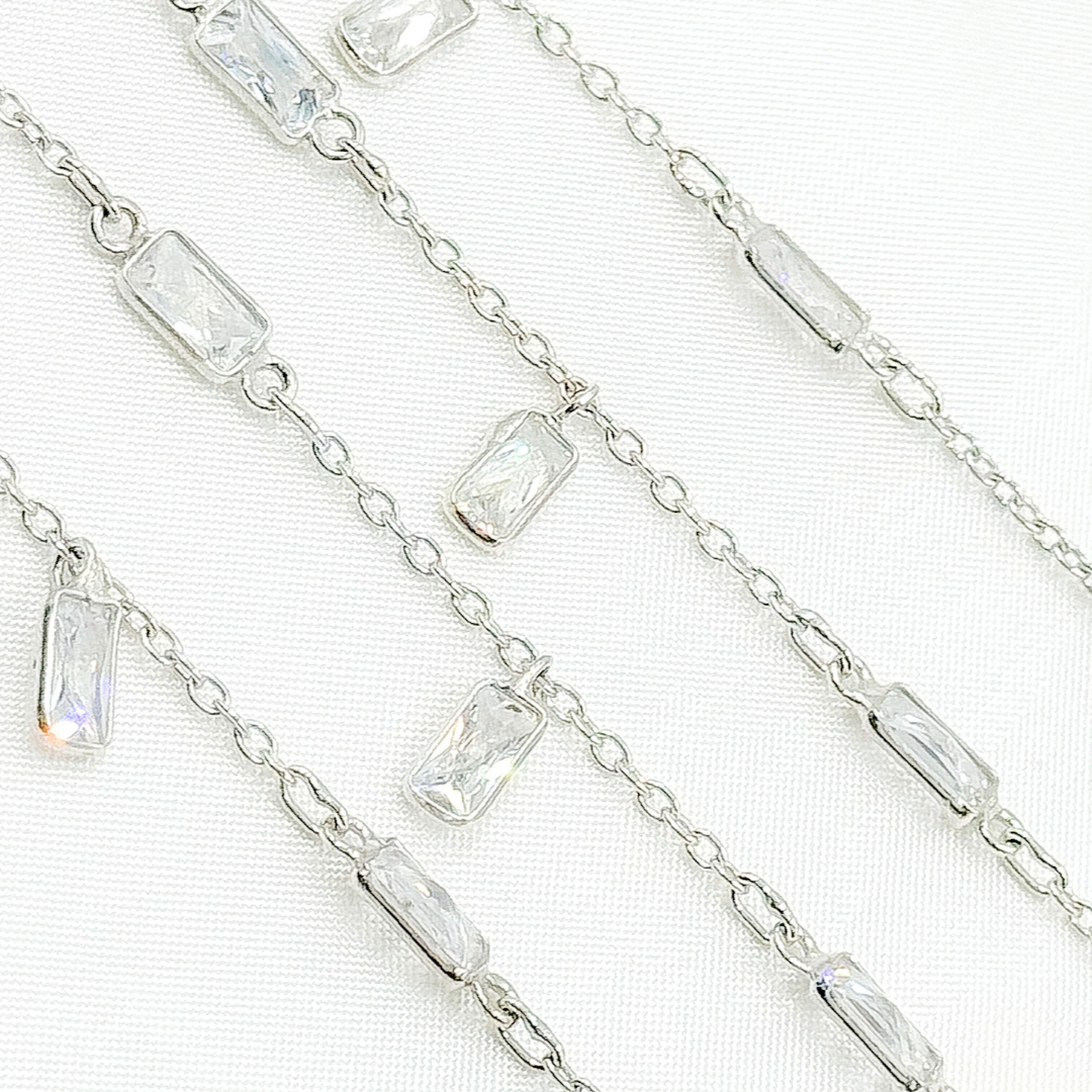 Cubic Zirconia Rectangle Shape Dangle & Connected Wire Chain