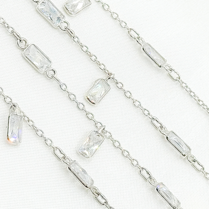 Cubic Zirconia Rectangle Shape Dangle & Connected Wire Chain