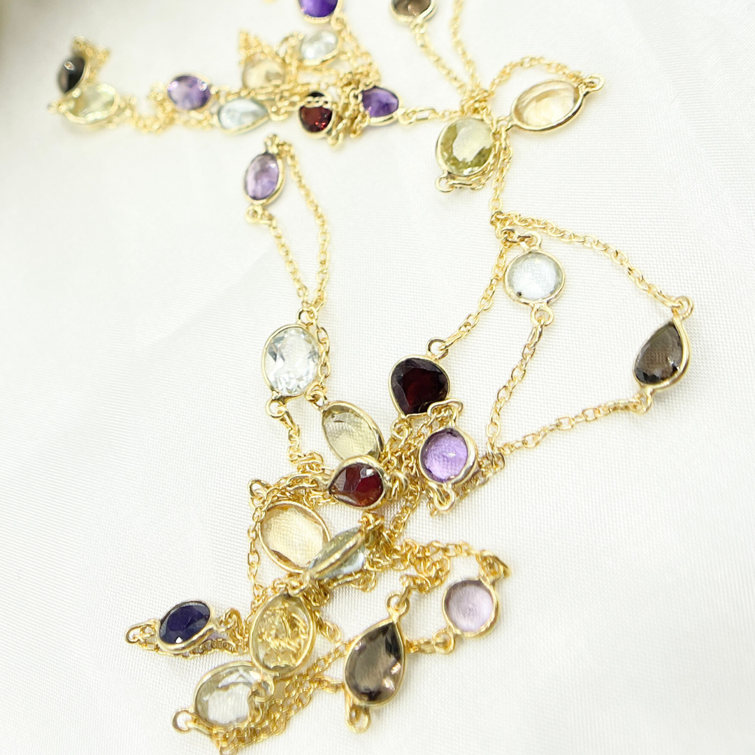 Multi Gemstone Organic Shape Gold Plated Connected Wire Chain. MGS13