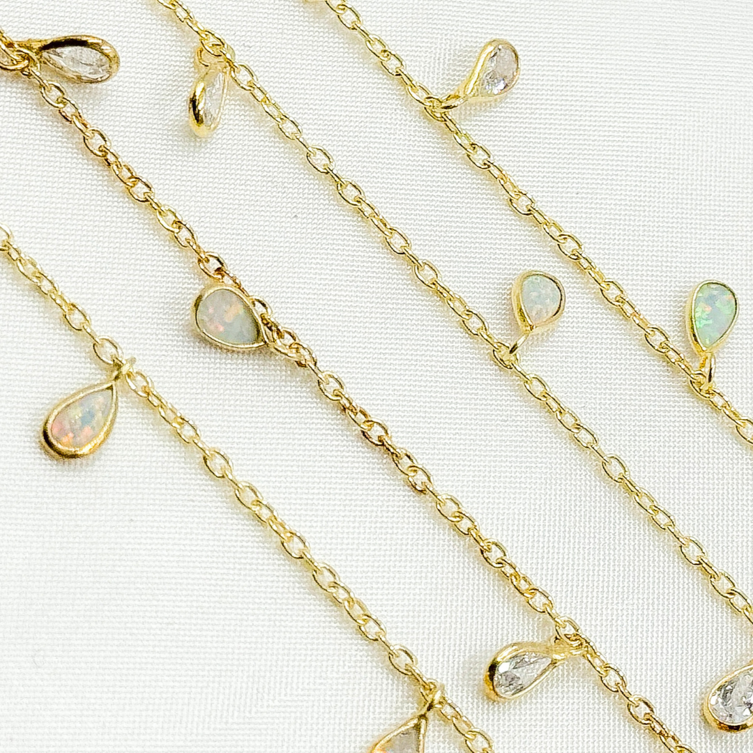 Created White Opal + CZ Pear Shape Dangle Chain