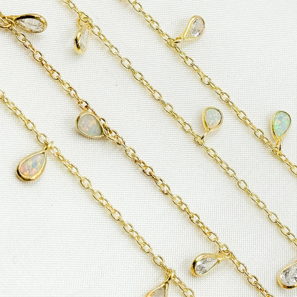Created White Opal + CZ Pear Shape Dangle Chain