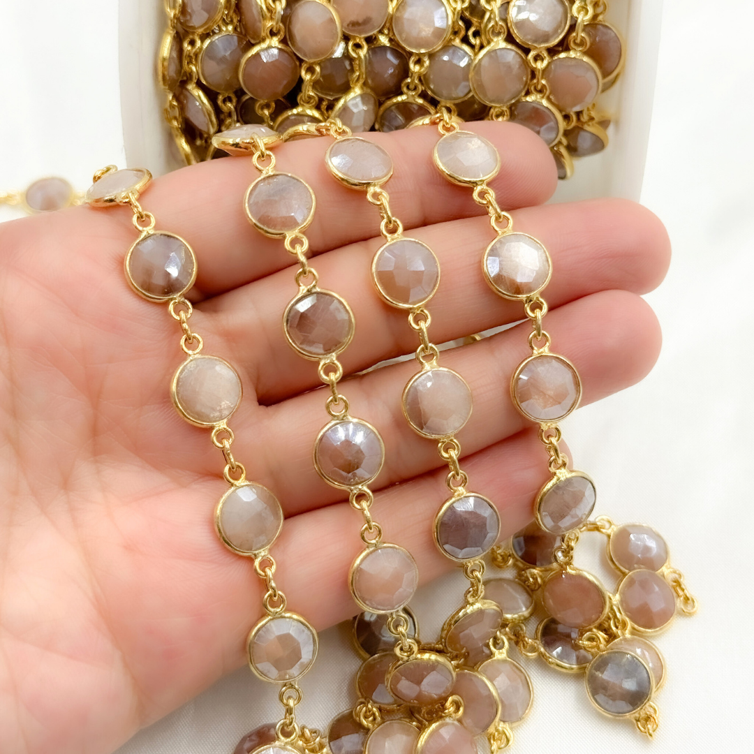Coated Peach Moonstone Round Shape Bezel Gold Plated Wire Chain.