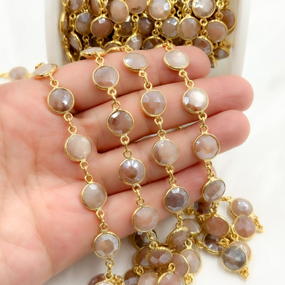 Coated Peach Moonstone Round Shape Bezel Gold Plated Wire Chain.