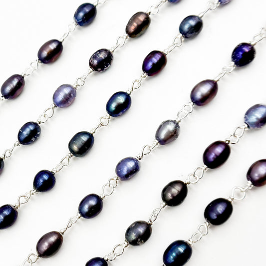 Peacock Pearl Oval Shape Sterling Silver Wire Chain