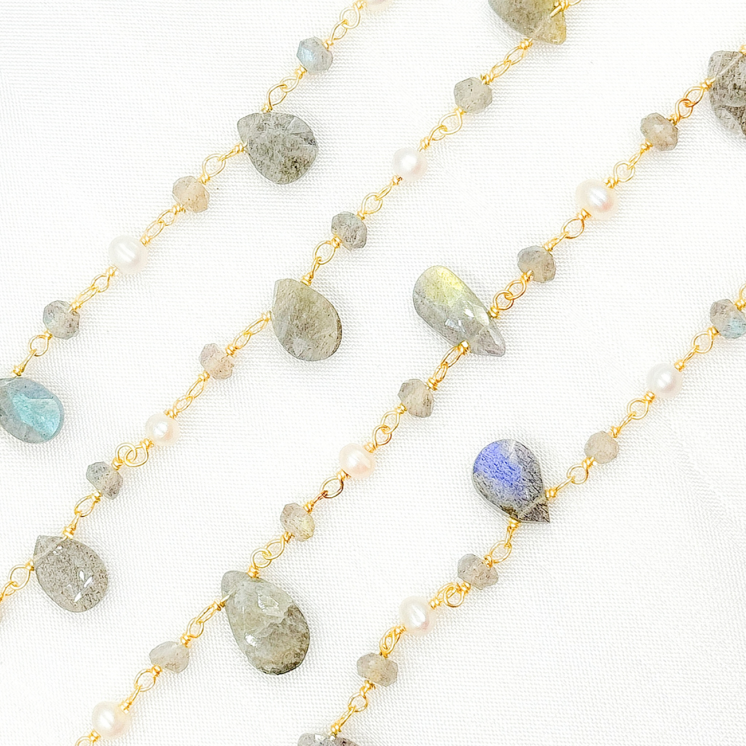 Labradorite & Pearl Gold Plated Wire Chain. LAB4