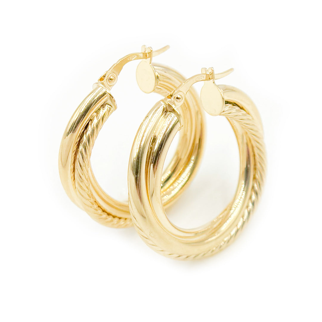 15850019628. 14K Solid Gold Fancy Twist Double Hollow Hoop Earrings