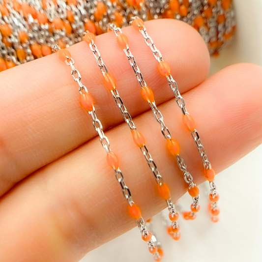 Sterling White Silver Enamel Orange Color Cable Chain