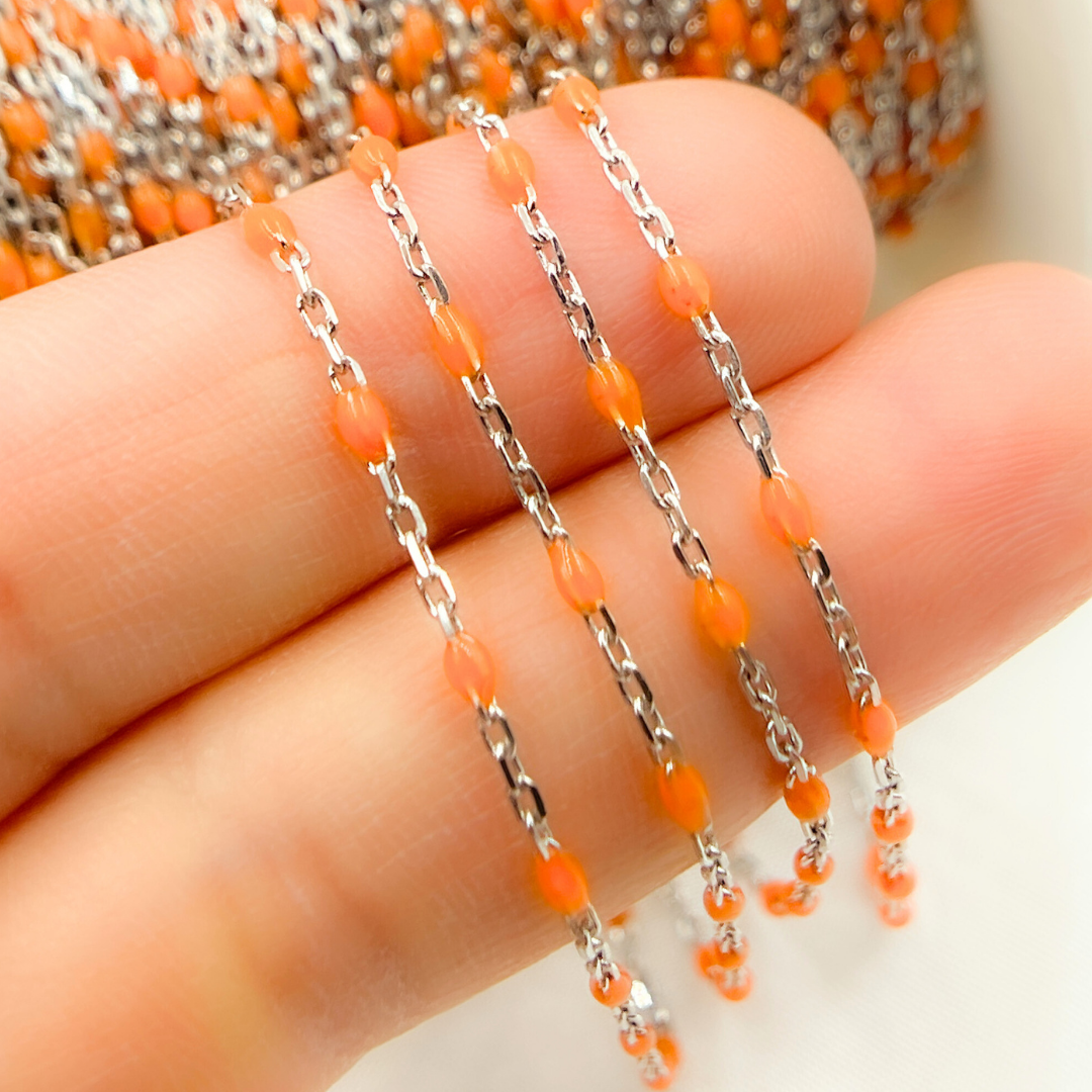 925 Sterling White Silver Enamel Orange Color Cable Chain. V203ORSS