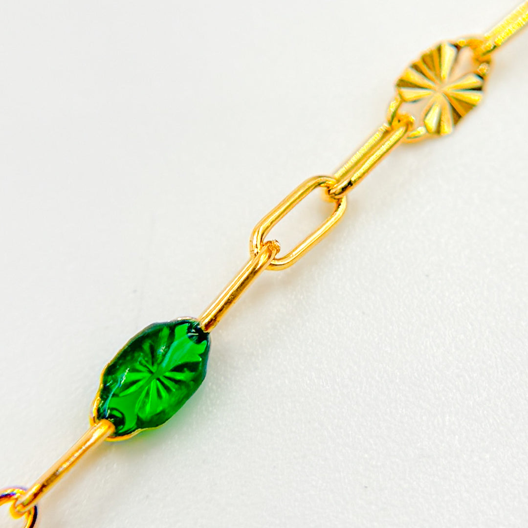 V295GRGF. 14K Gold Filled Green Color Enamel with Paperclip and Diamond Cut Marina Links