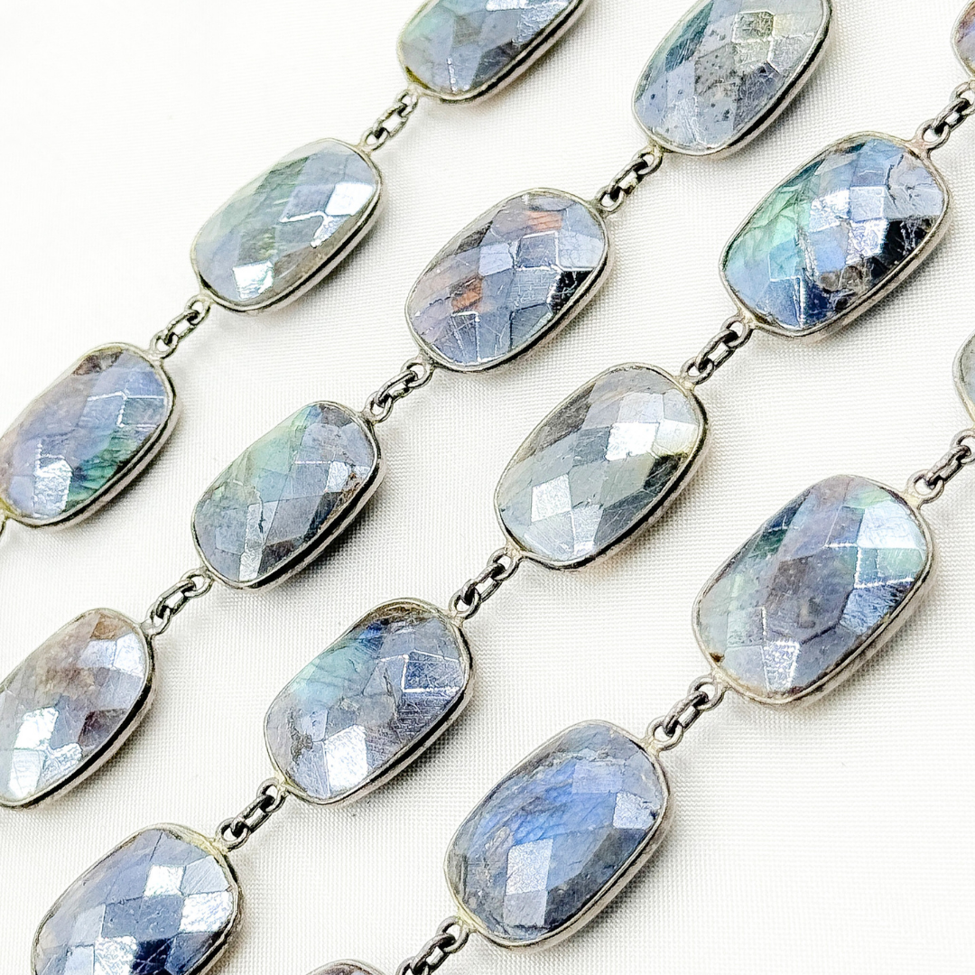 Coated Labradorite Rectangle Shape Bezel Oxidized Wire Chain