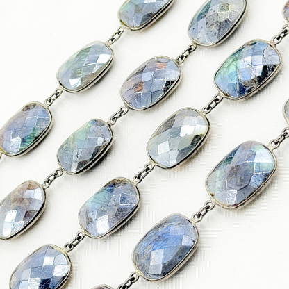 Coated Labradorite Rectangle Shape Bezel Oxidized Wire Chain