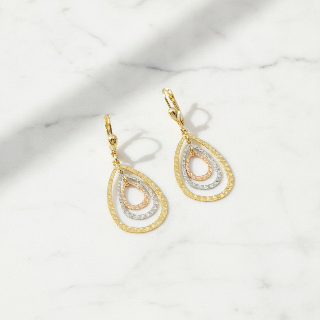 GER113. 14K Solid Gold Dangle Earring with Tri - Color Diamond Cut Drops.