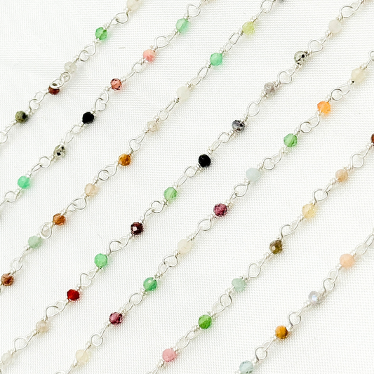 Multi Gemstone White Sterling Silver Wire Chain