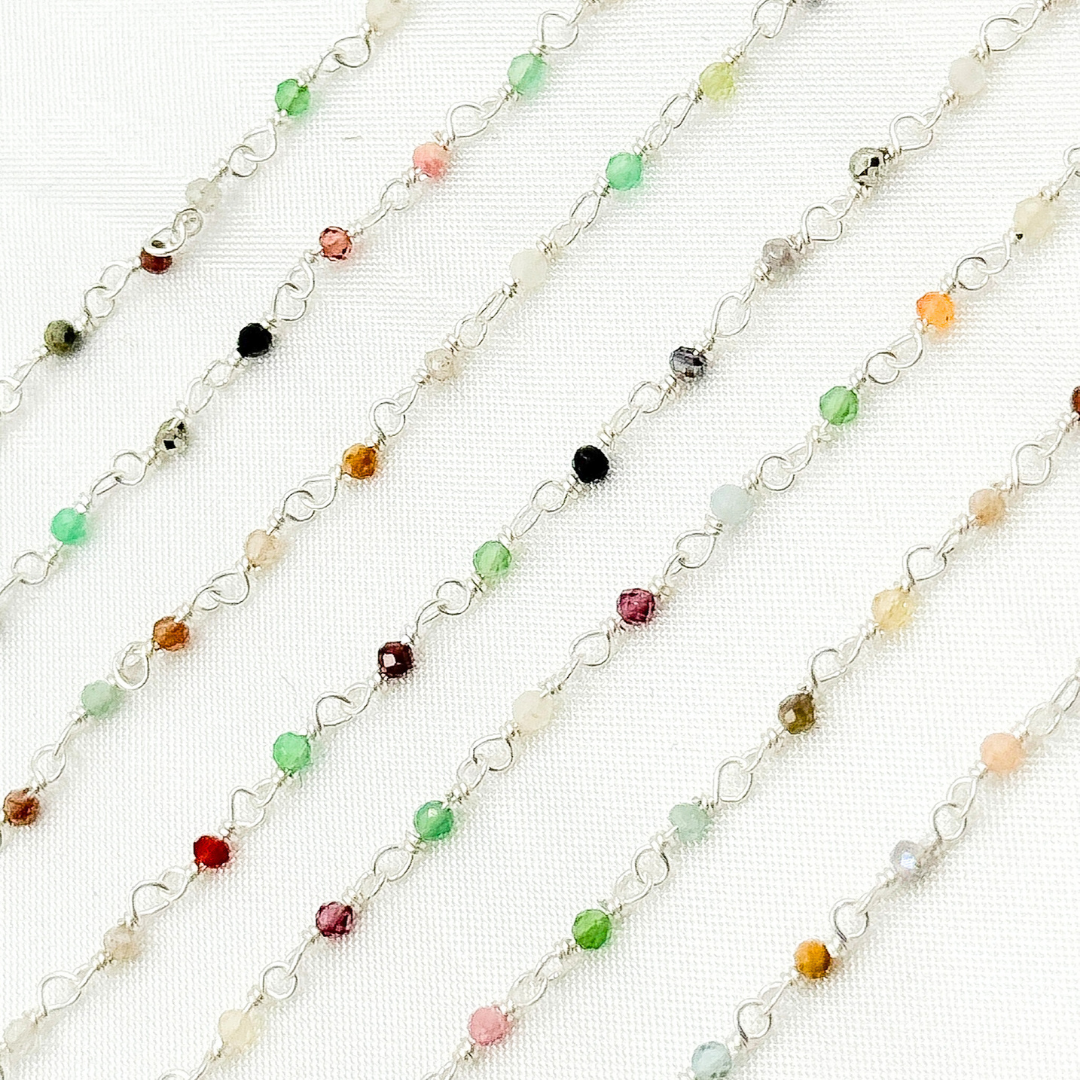 MGS24. Multi Gemstone White Sterling Silver Wire Chain