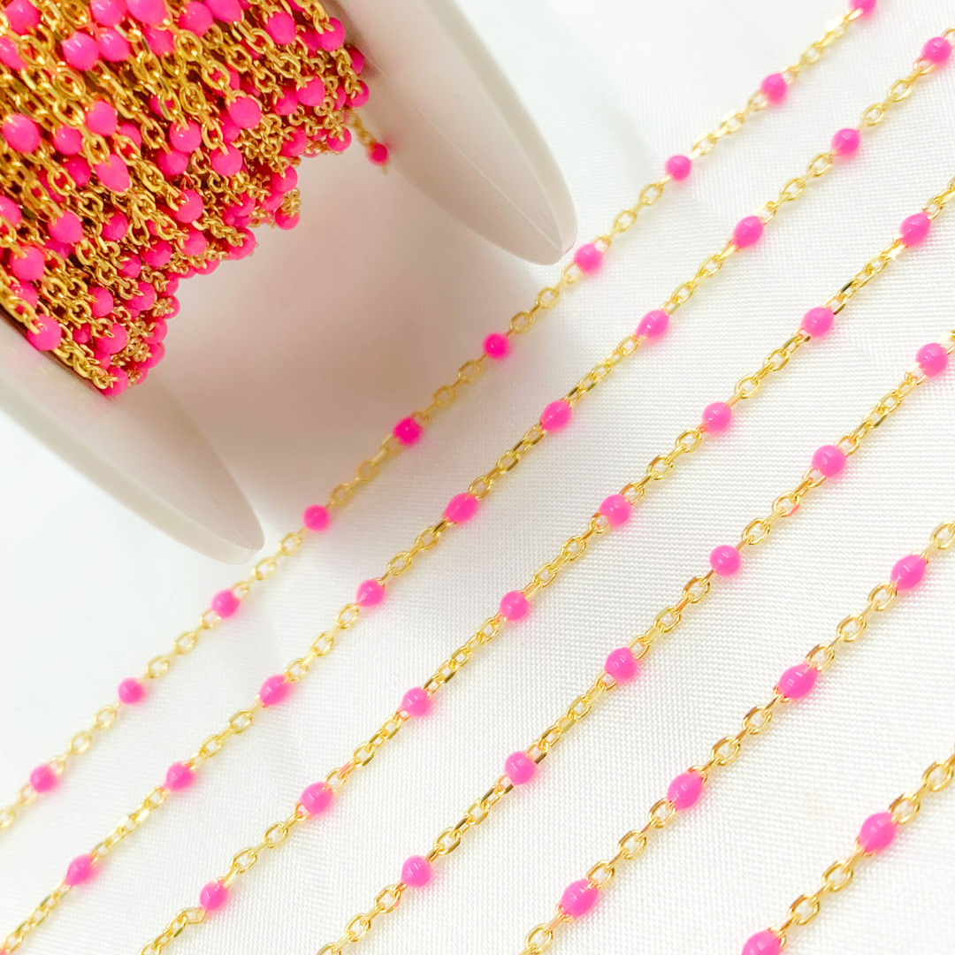 Gold Plated Sterling Silver Enamel Pink Color Cable Chain