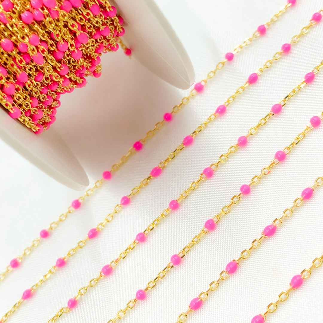 Gold Plated Sterling Silver Cable Chain with Pink Color Enamel. V203PKGP