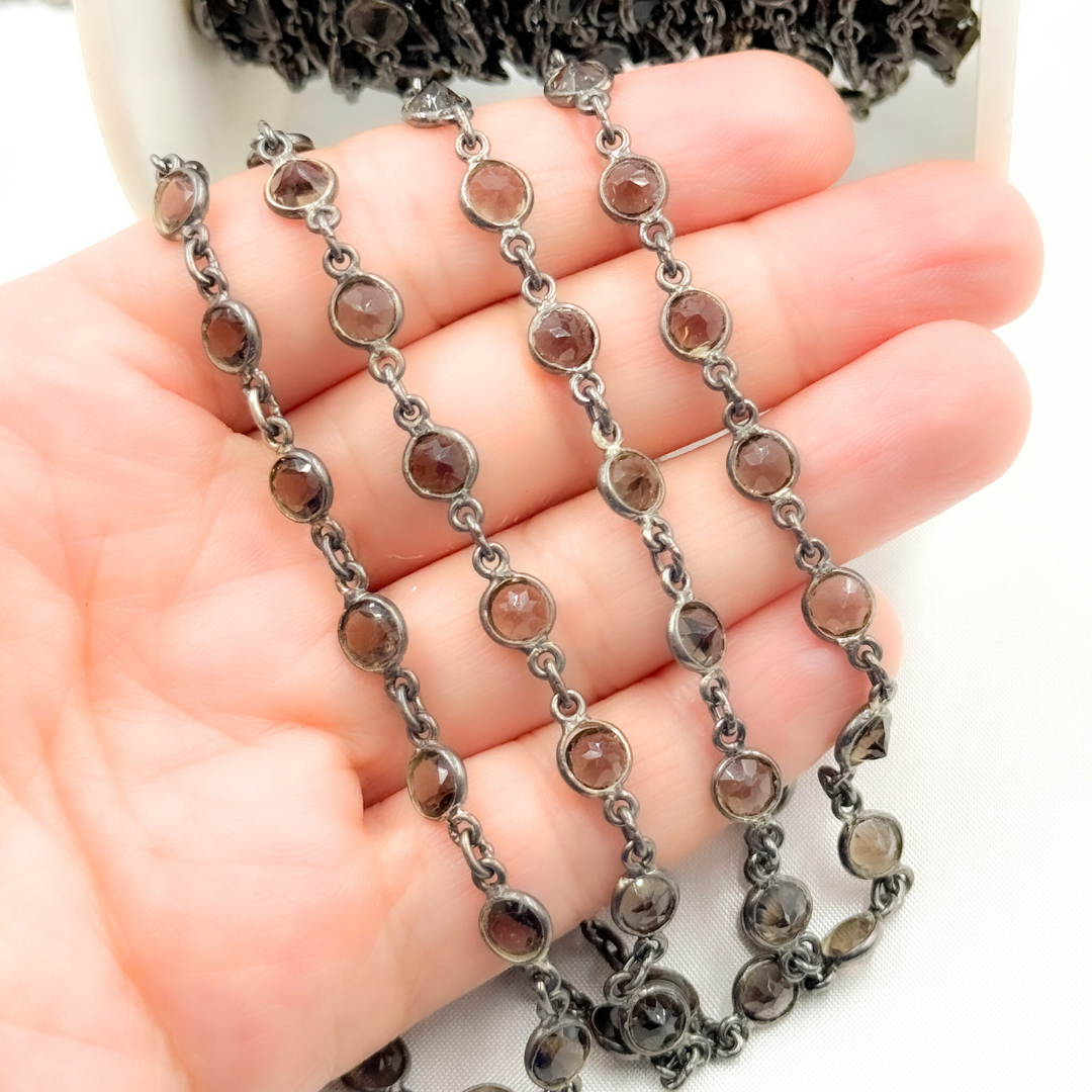 Smoky Quartz Round Shape Bezel Oxidized Wire Chain