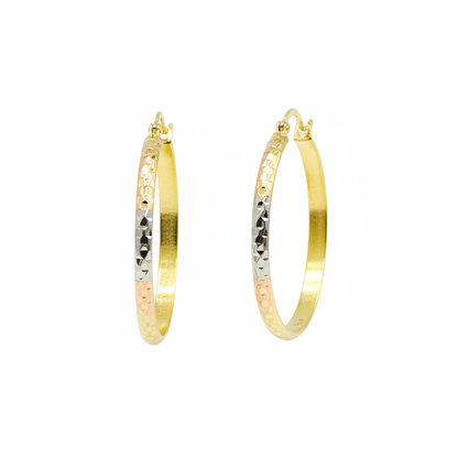 GER65. 14K Gold Tri-Color Hoop Earrings with Engraved Tornado Design