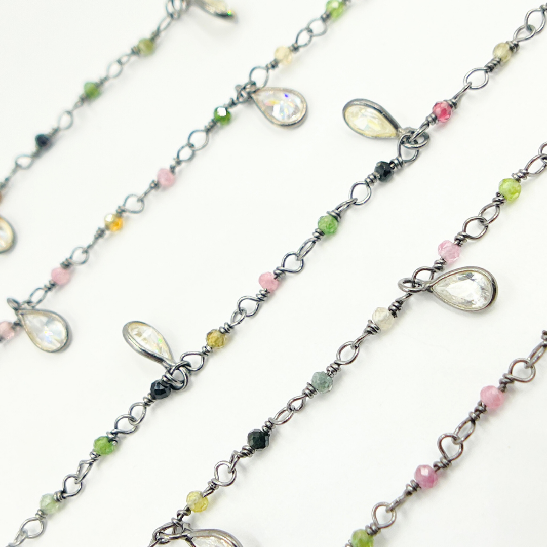 Multi Tourmaline & CZ Dangle Oxidized Wire Chain