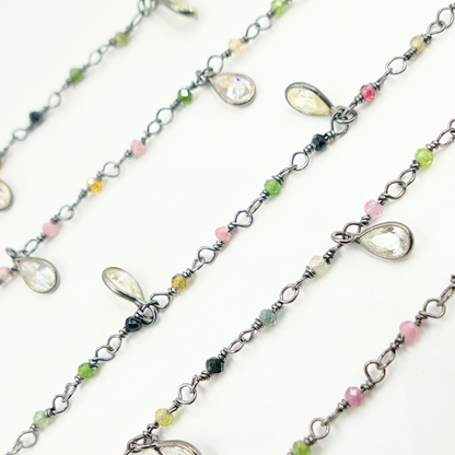 Multi Tourmaline & CZ Dangle Oxidized Wire Chain