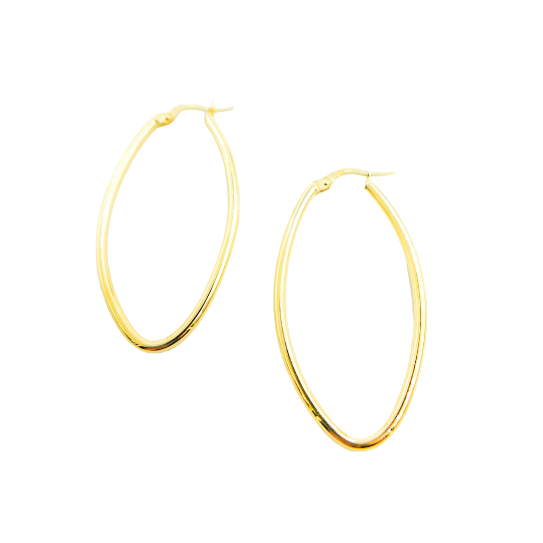 GER53. 14K Solid Gold Oval Shape Hollow Hoop Earrings