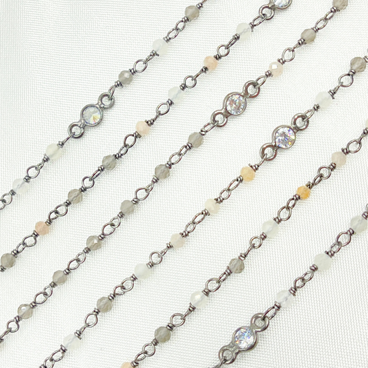 Multi Moonstone & Round CZ Wire Wrap Chain