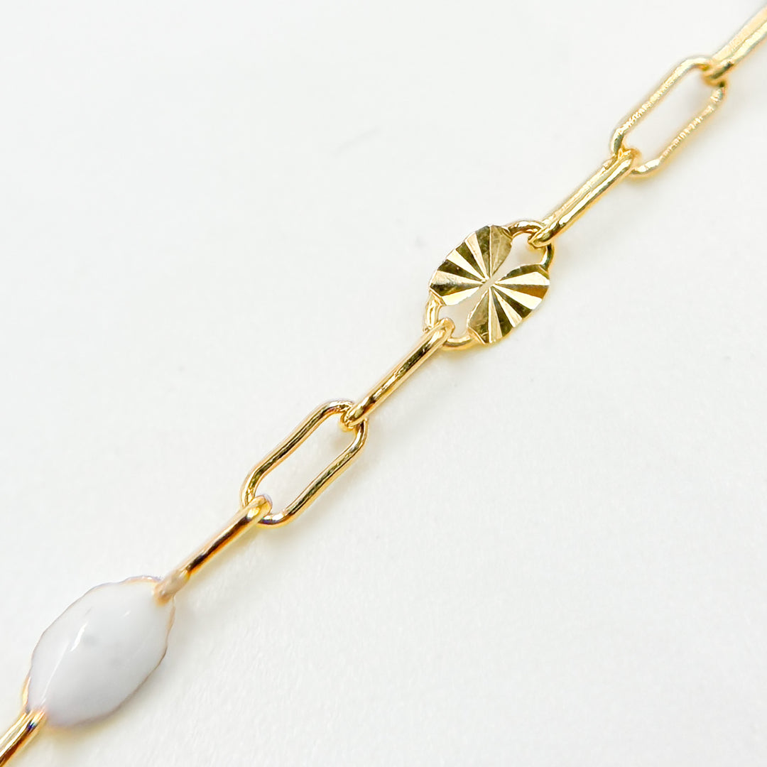 V295WTGF. 14K Gold Filled White Color Enamel with Paperclip and Diamond Cut Marina Links