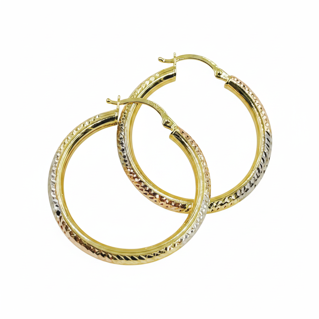 GER56. 14K Solid Tri-Color Gold Round Hollow Hoop Earrings – Classic Hoops